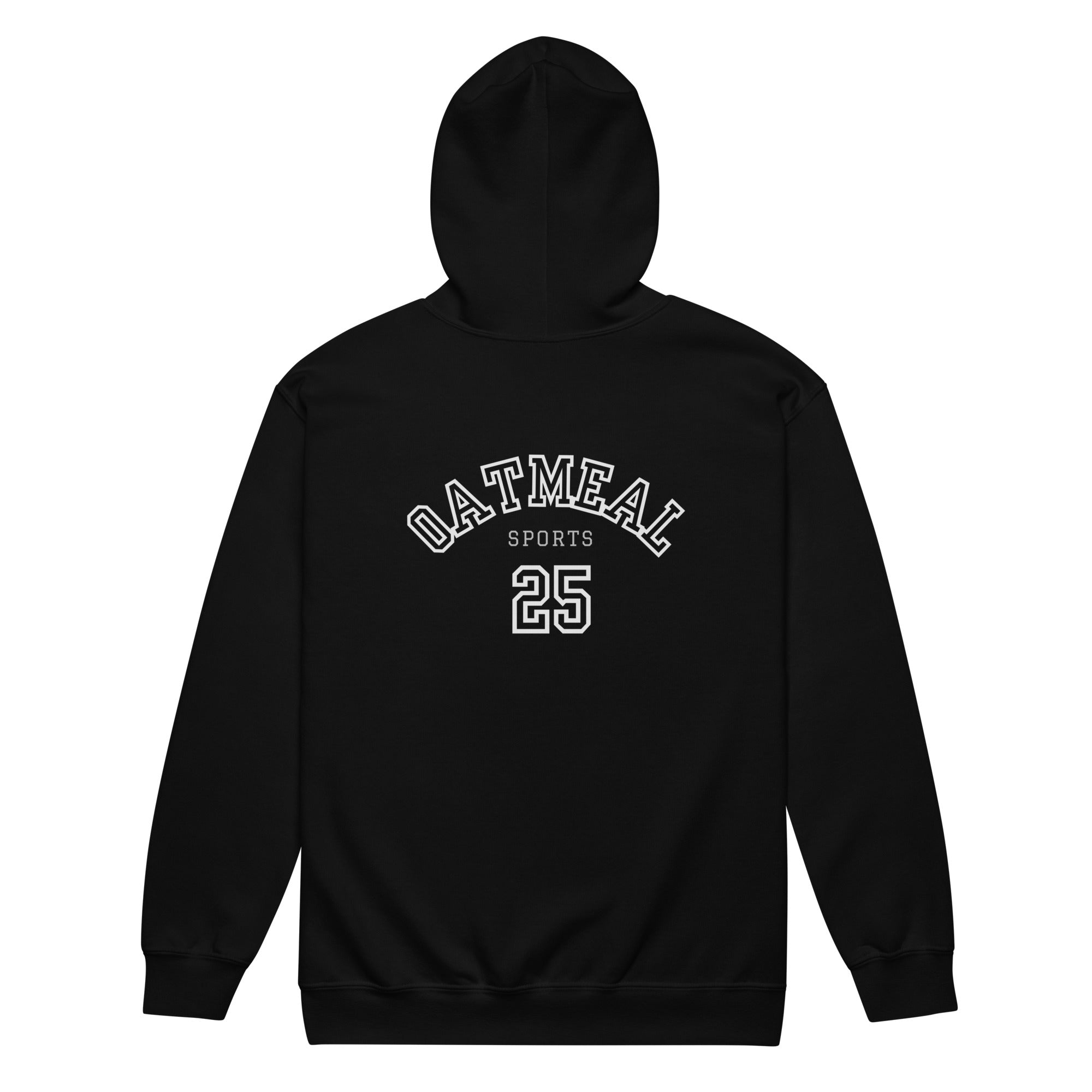 Black hoodie with 'OATMEAL SPORTS' text and number 25 on the back against a white background exclusively available at Oatmeal Apparel Co.