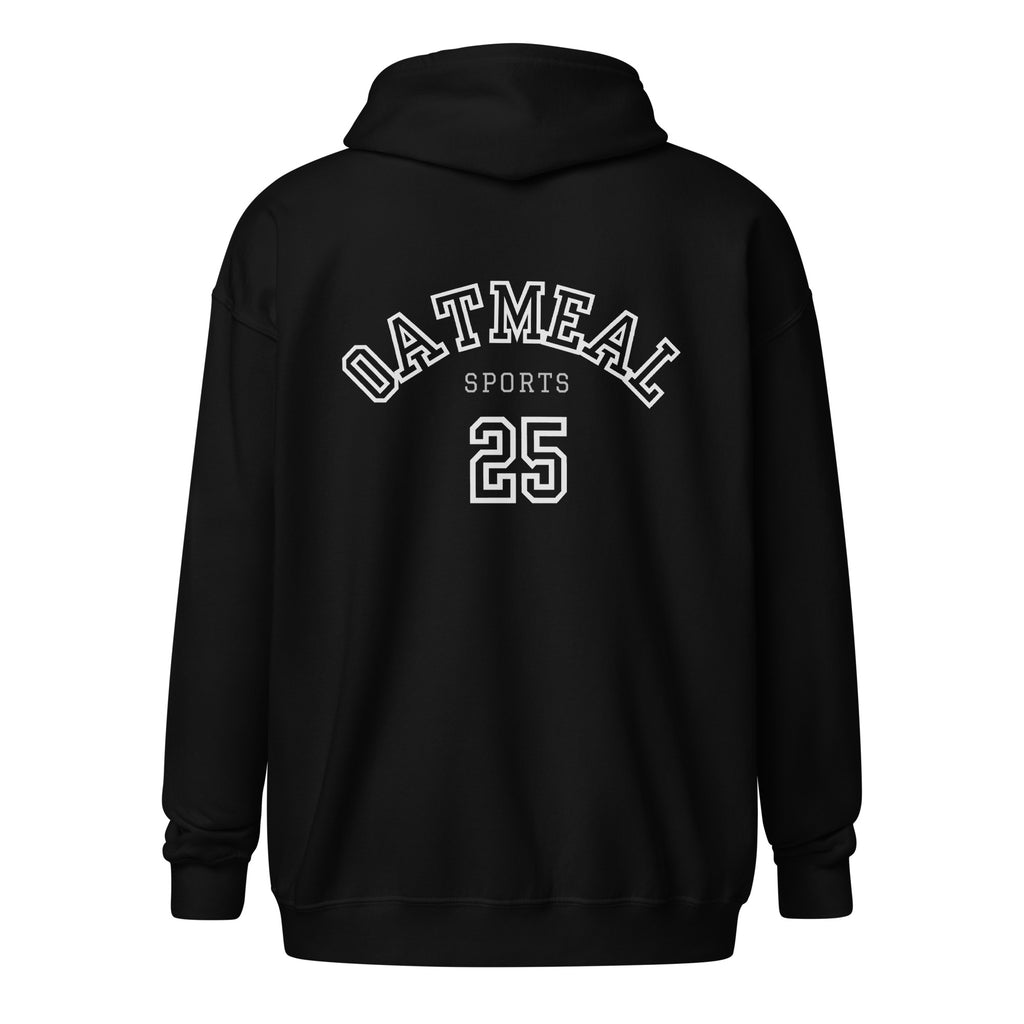 Black hoodie with 'Oatmeal Sports' and number '25' on the back against a white background exclusively available at Oatmeal Apparel Co.