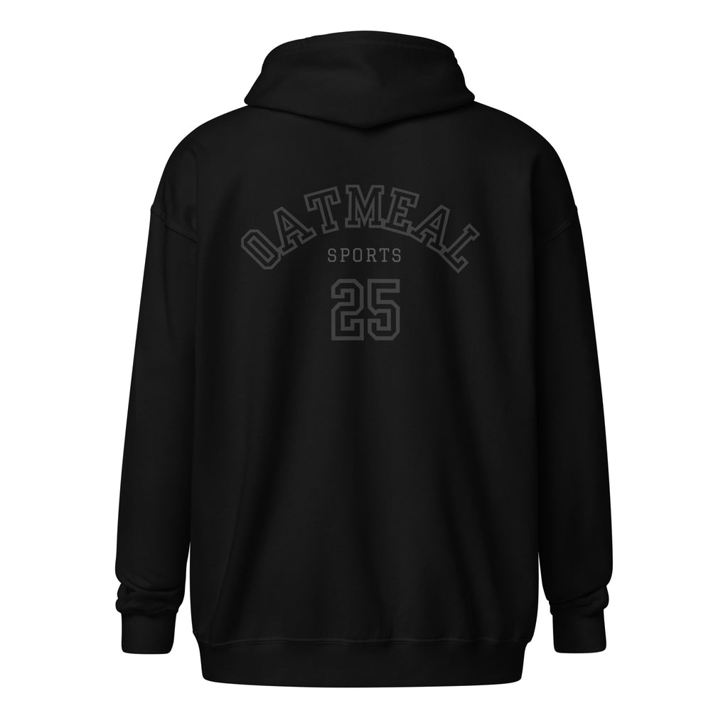 Black hoodie with 'Oatmeal Sports 25' text on the back against a white background at Oatmeal Apparel Co.
