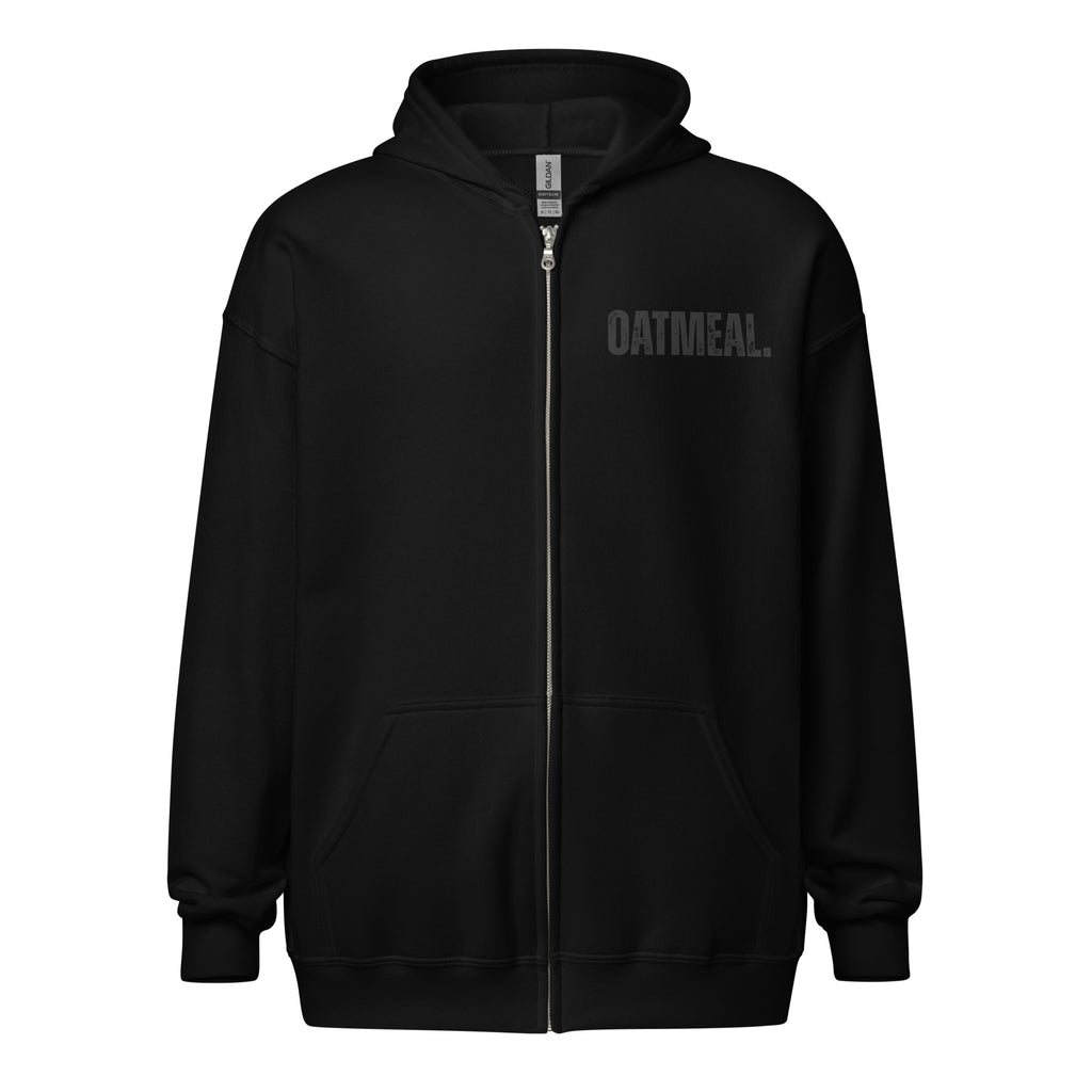 Black zip hoodie with 'OATMEAL' branding on a white background at Oatmeal Apparel Co.