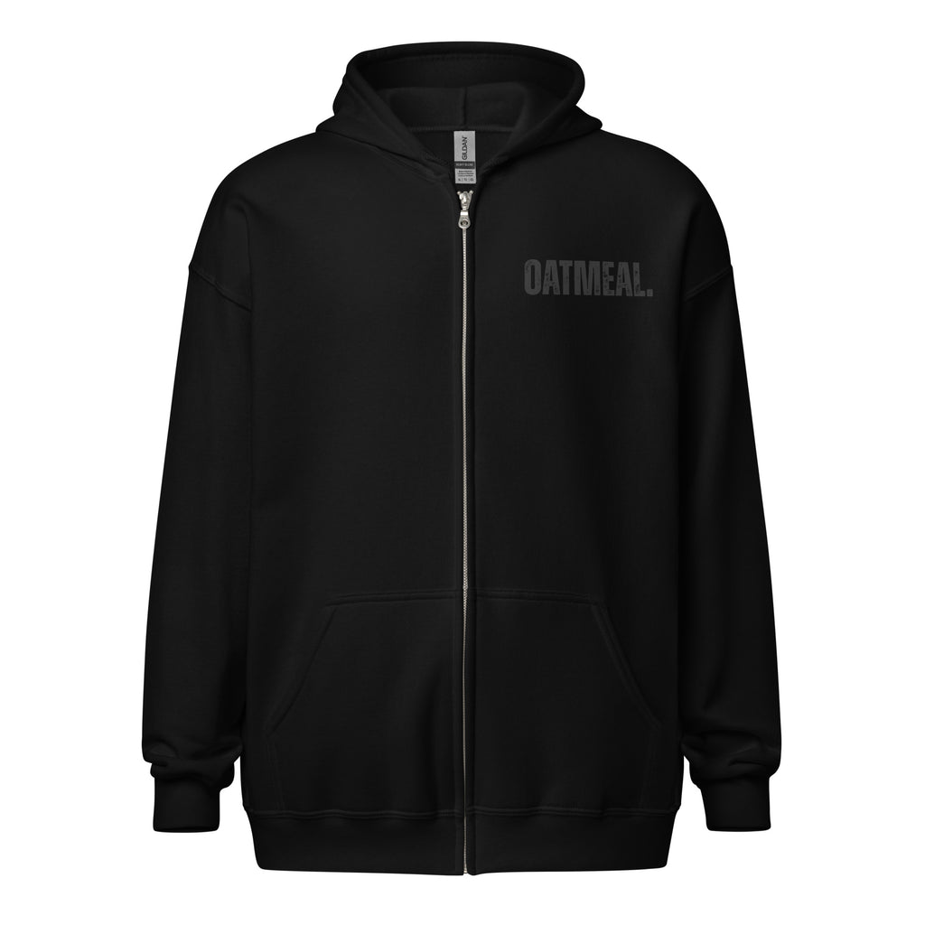 Black hoodie with 'OATMEAL' branding on a white background exclusively available at Oatmeal Apparel Co.
