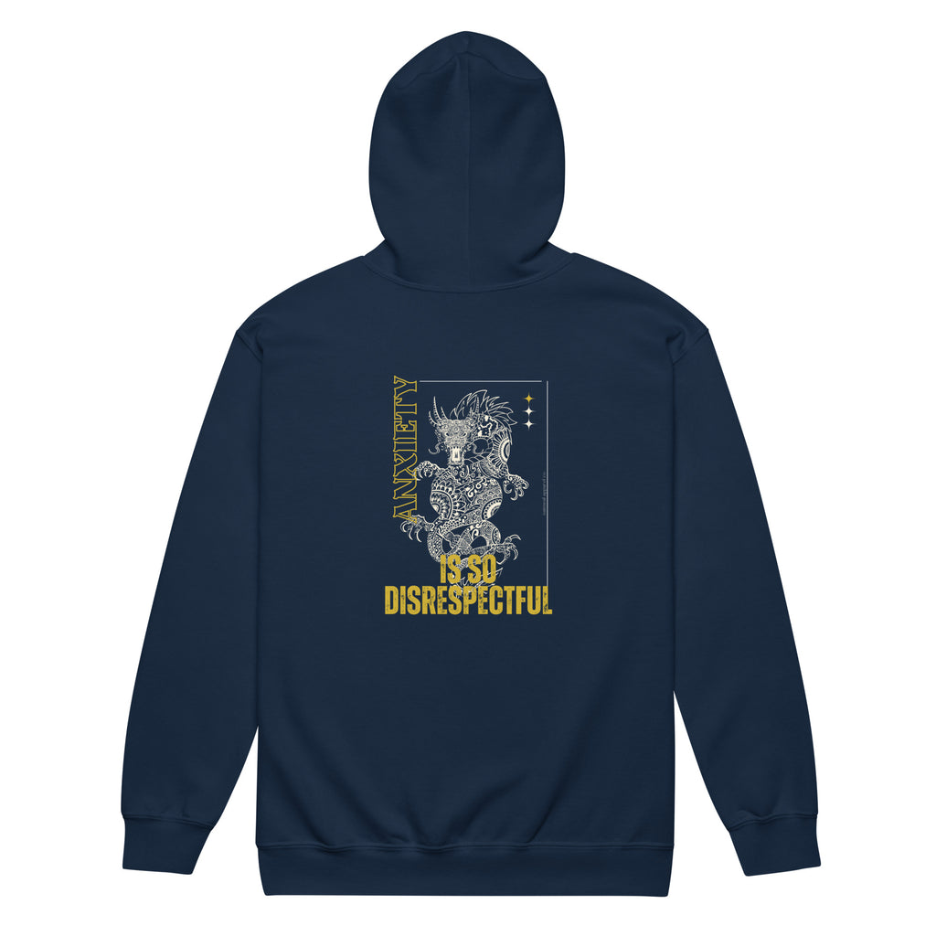 Navy blue hoodie with graphic design and text on a white background at Oatmeal Apparel Co.