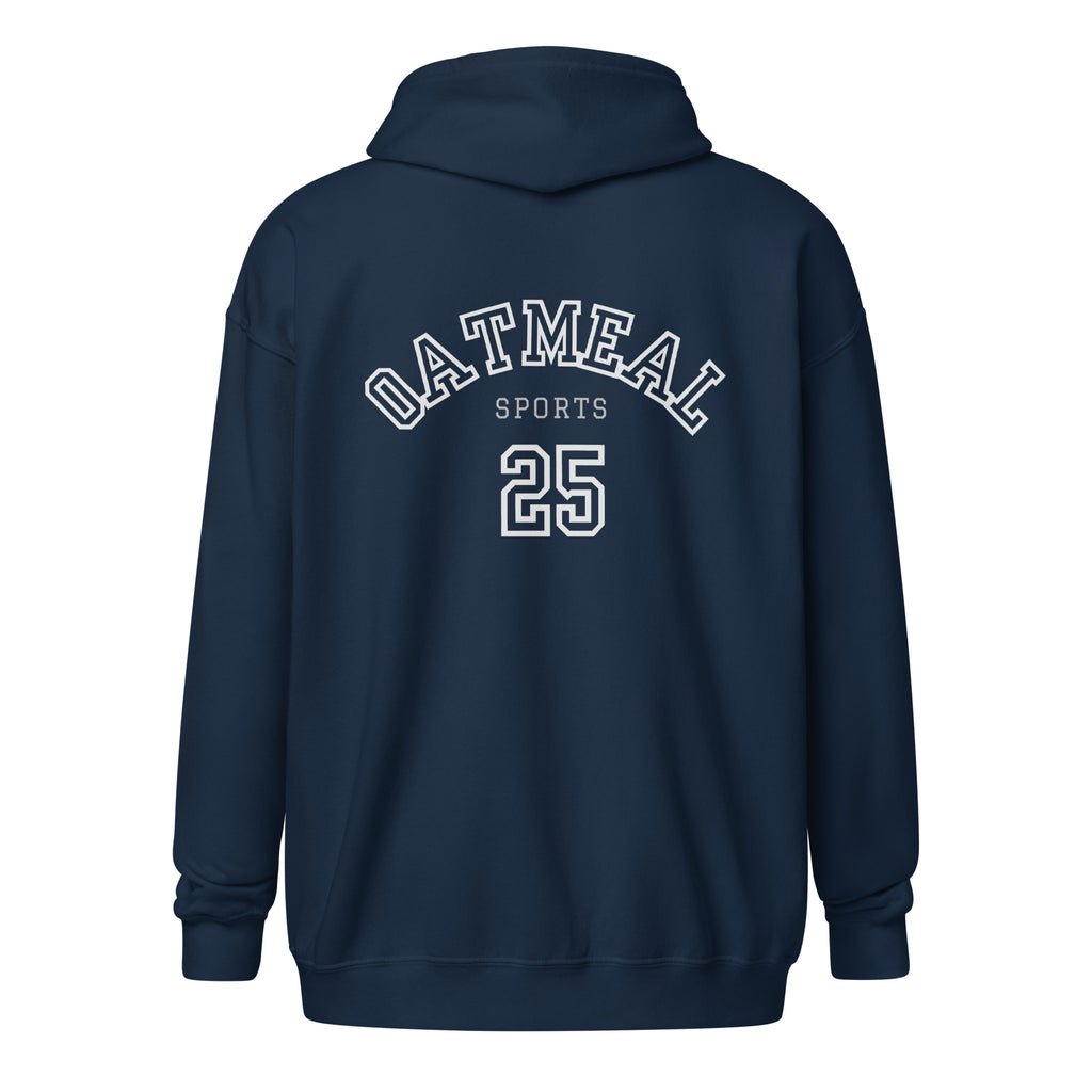 Navy blue hoodie with 'Oatmeal Sports' and number '25' on the back against a white background exclusively available at Oatmeal Apparel Co.