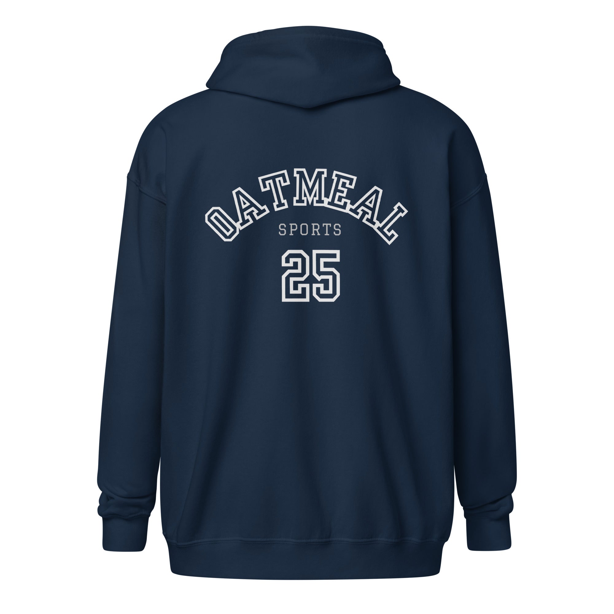 Navy blue hoodie with 'Oatmeal Sports' and number '25' on the back against a white background exclusively available at Oatmeal Apparel Co.