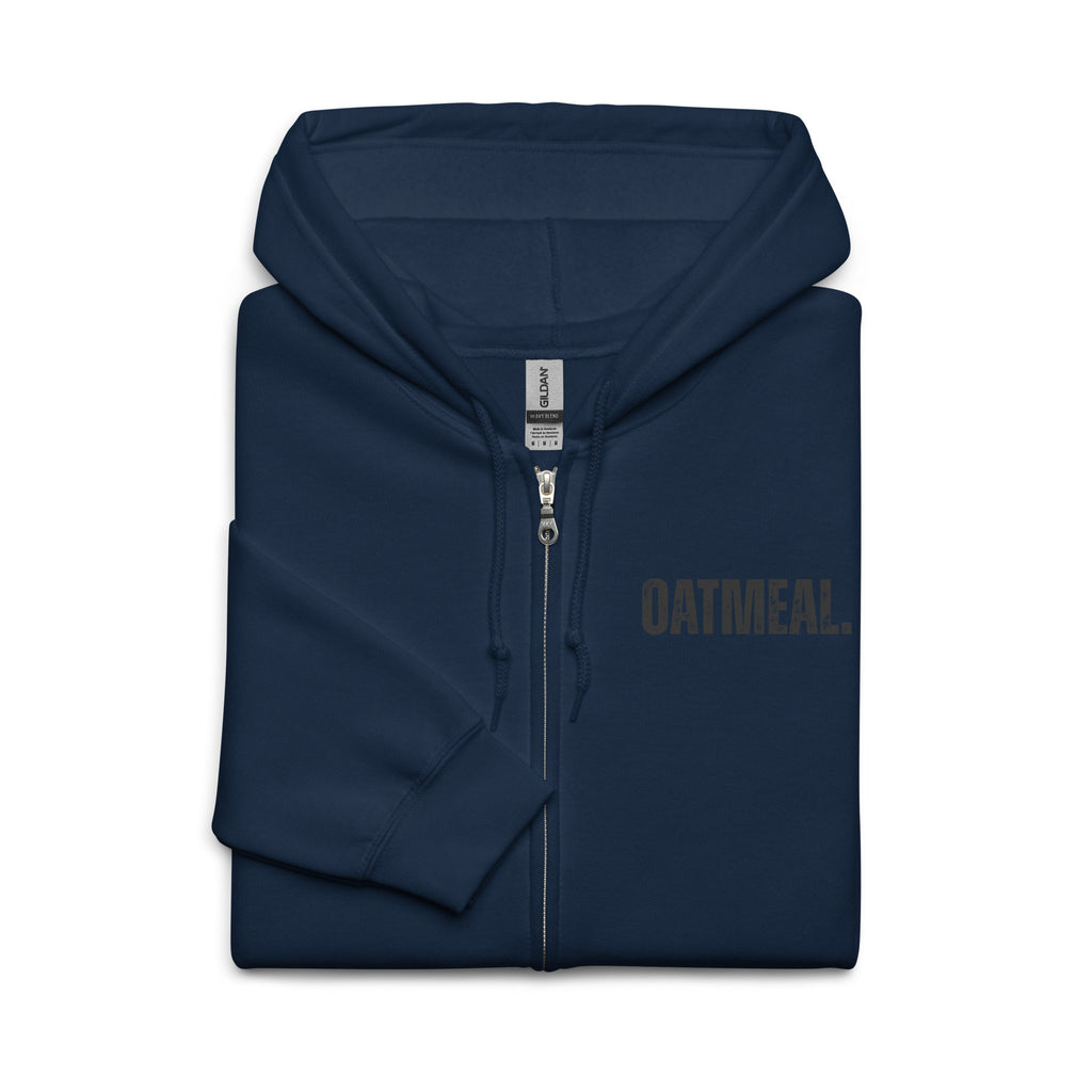 Navy blue hoodie with 'OATMEAL' branding on a white background exclusively available at Oatmeal Apparel Co.