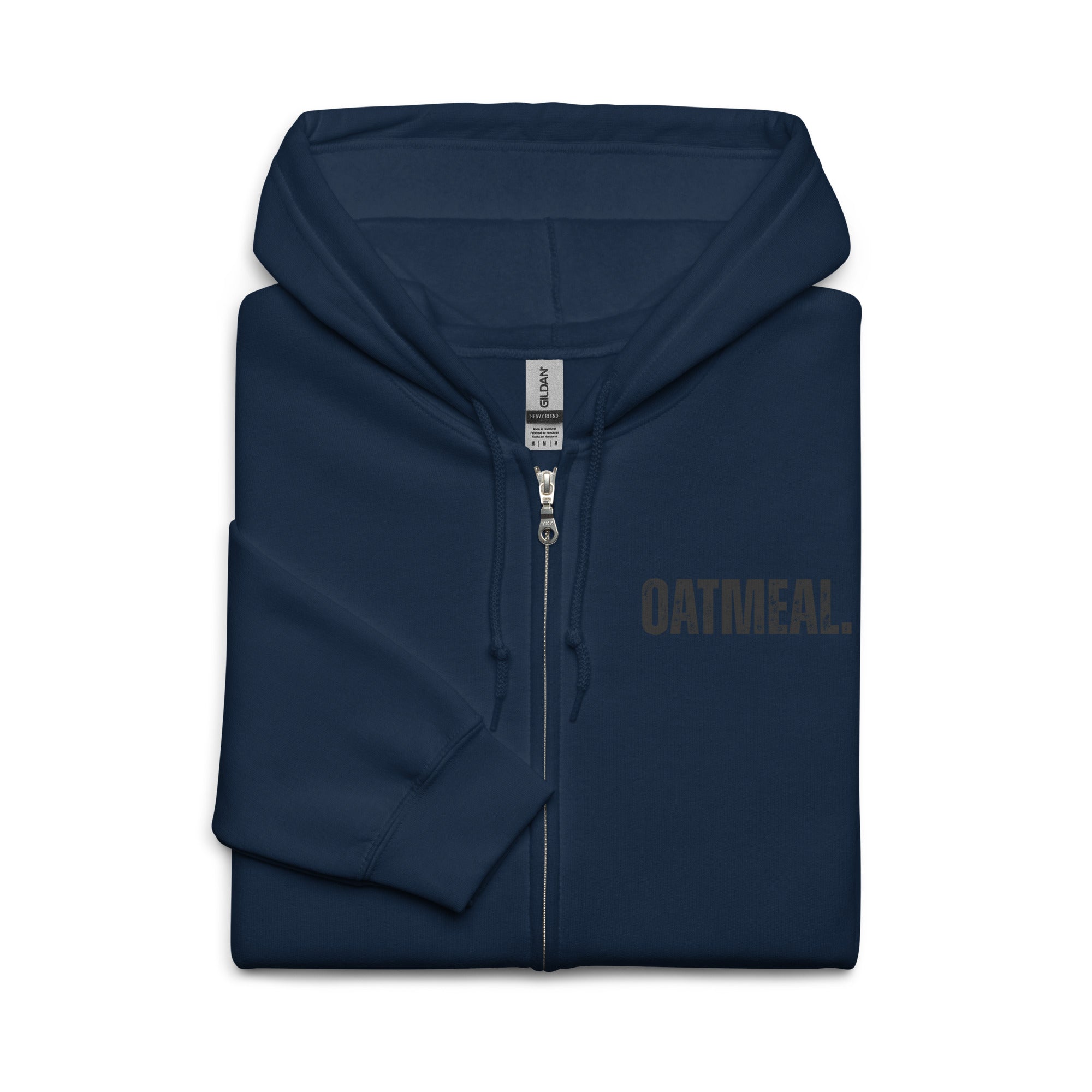 Navy blue hoodie with 'OATMEAL' branding on a white background exclusively available at Oatmeal Apparel Co.