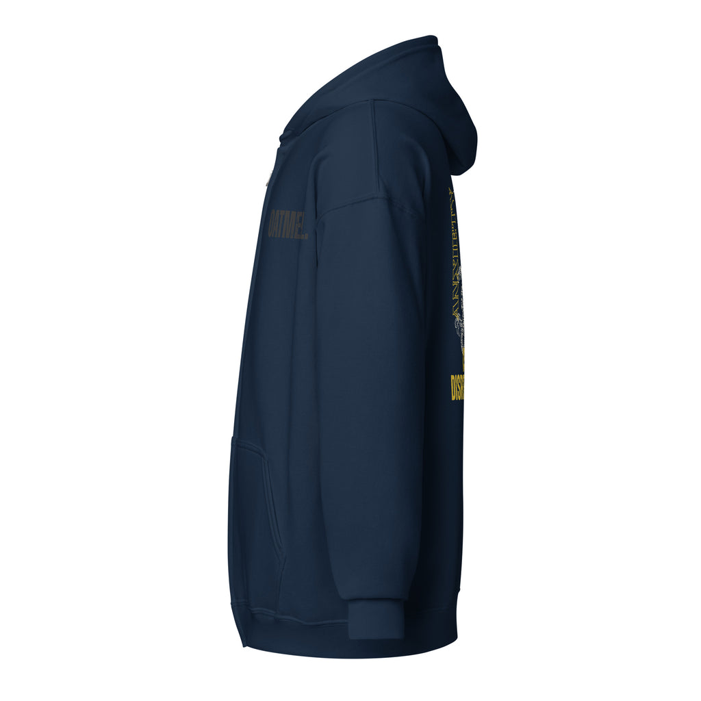 Side of Navy blue hoodie with yellow text on a white background at Oatmeal Apparel Co.