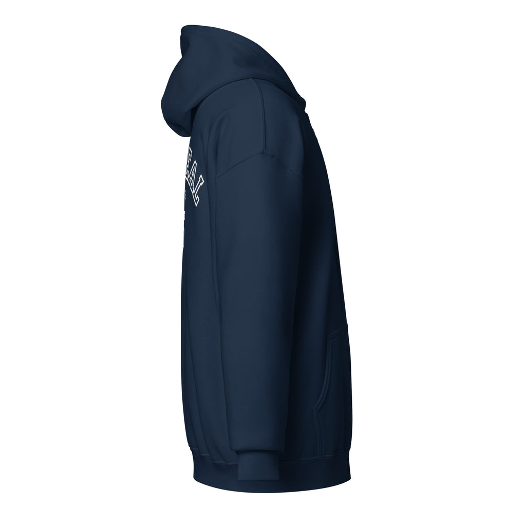 Navy blue hoodie with 'oatmeal' brand logo on the front and 'Oatmeal Sports No25' on back against a white background exclusively available at Oatmeal Apparel Co.
