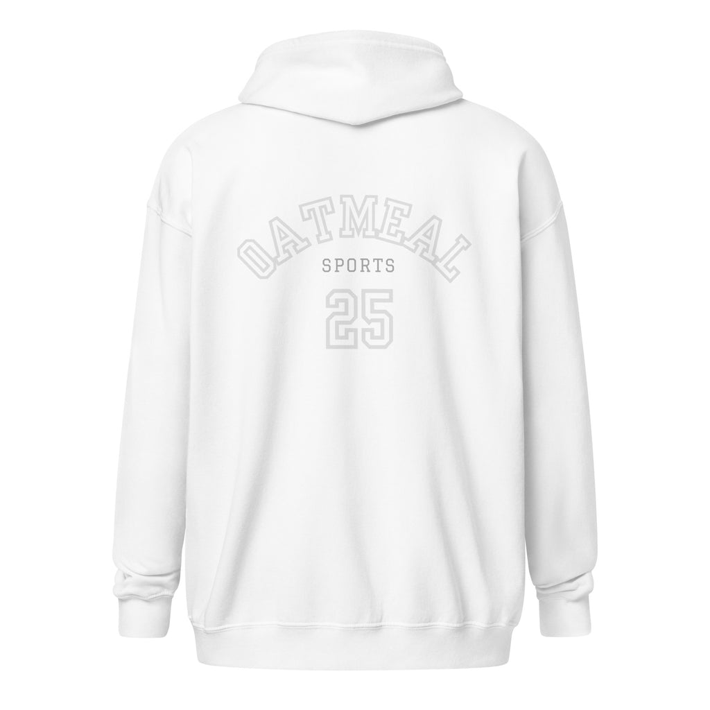 White hoodie with 'Oatmeal Sports' text on the back against a white background exclusively available at Oatmeal Apparel Co.