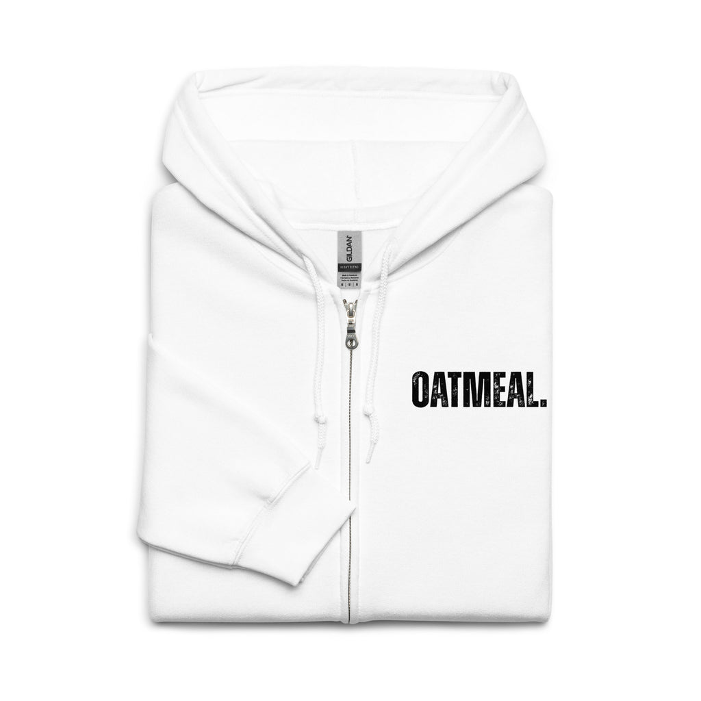 White hoodie with 'OATMEAL.' text on a white background exclusively available at Oatmeal Apparel Co.