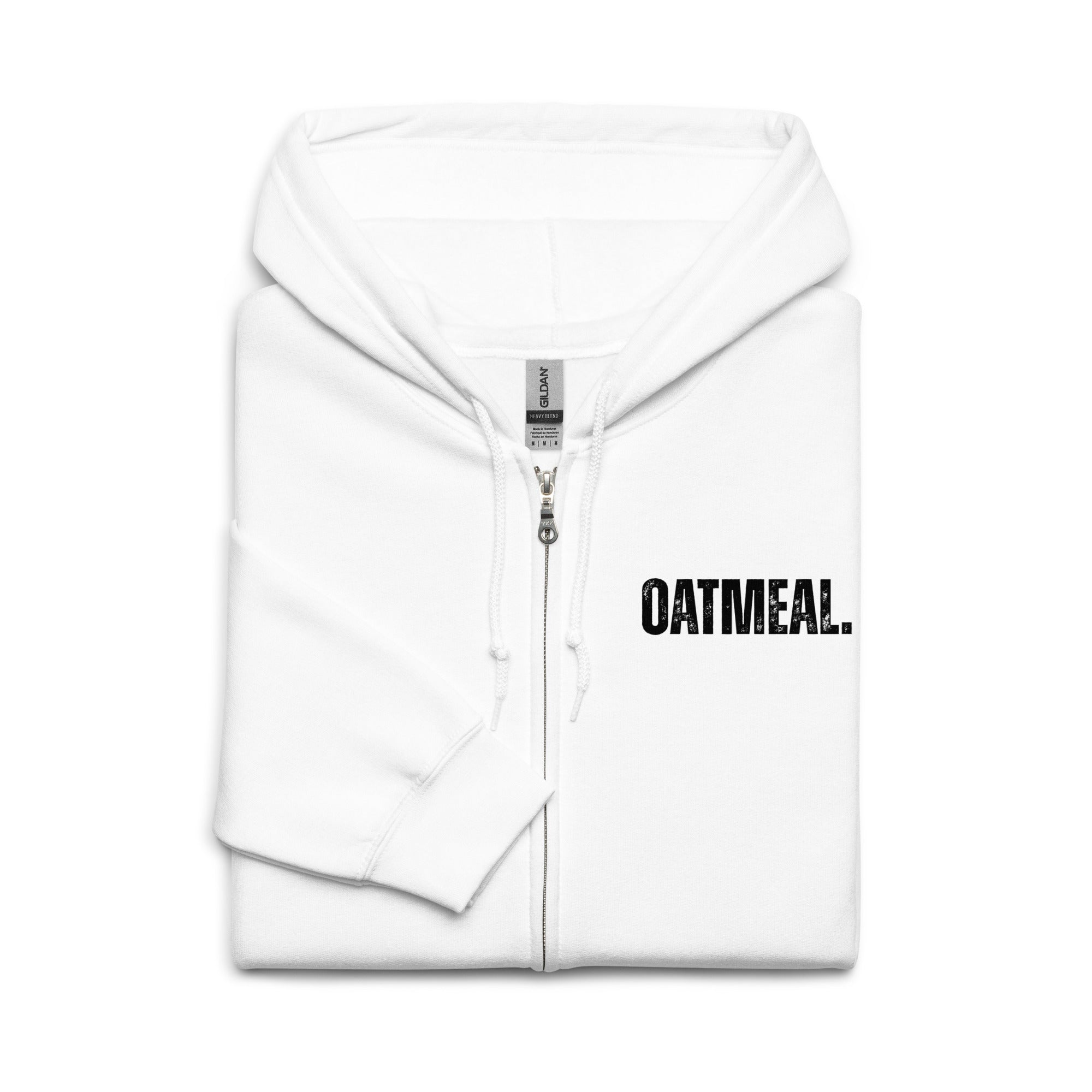 White hoodie with 'OATMEAL.' text on a white background exclusively available at Oatmeal Apparel Co.