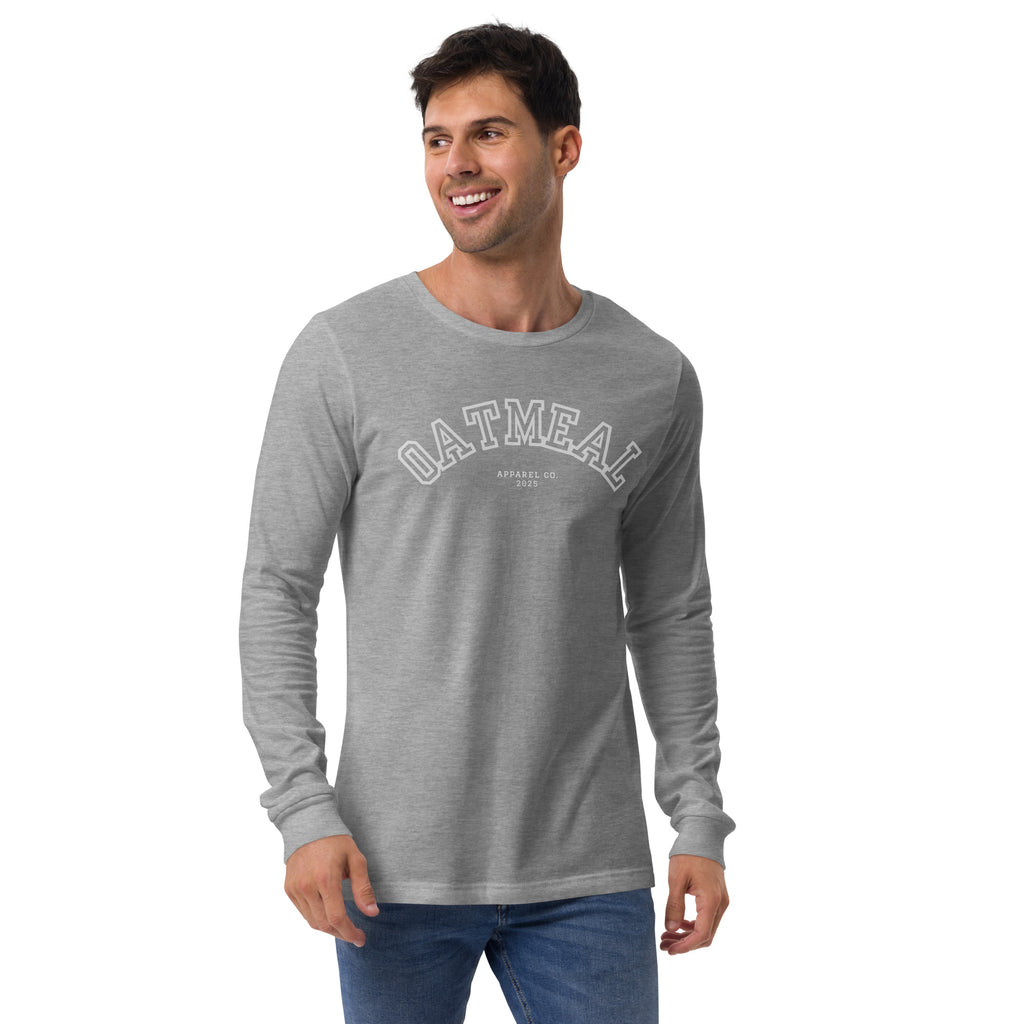 Man wearing a gray long-sleeve shirt with 'Oatmeal' branding at Oatmeal Apparel Co., Sports Edition Design.