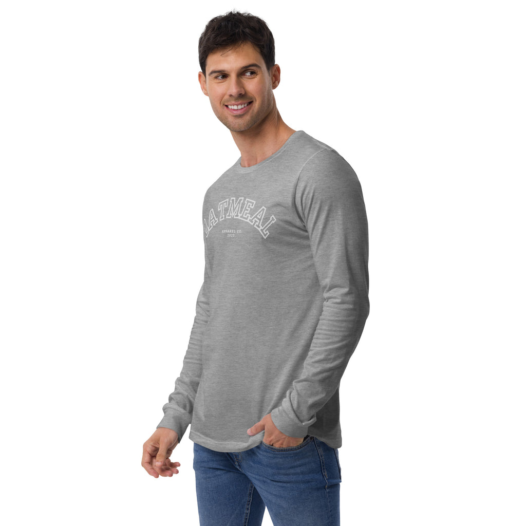 Man wearing a gray long-sleeve shirt with 'OATMEAL' branding at Oatmeal Apparel Co., Sports Edition Design.
