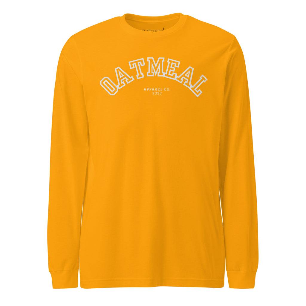 Gold long-sleeve shirt with 'OATMEAL' branding on a white background at Oatmeal Apparel Co., Sports Edition Design.