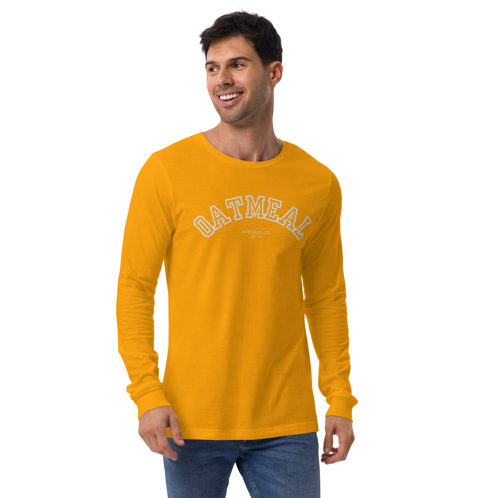 Man wearing a yellow long-sleeve shirt with 'OATMEAL' branding on a white background at Oatmeal Apparel Co., Sports Edition Design.