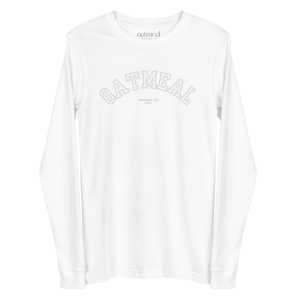 White long-sleeve shirt with 'OATMEAL' branding at Oatmeal Apparel Co., Sports Edition Design.