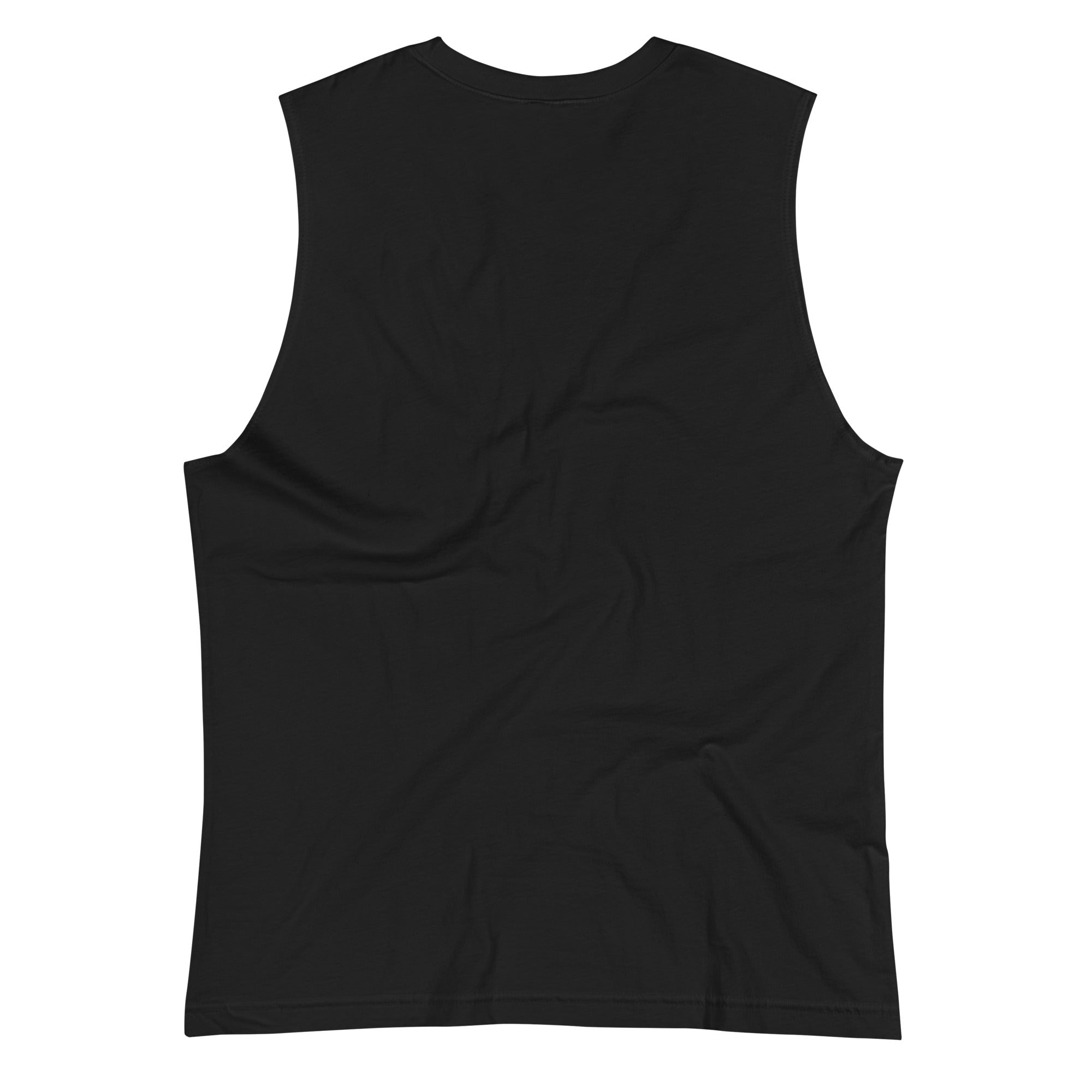 Back of Black sleeveless muscle shirt on a white background at Oatmeal Apparel Co., Sports Edition Design.