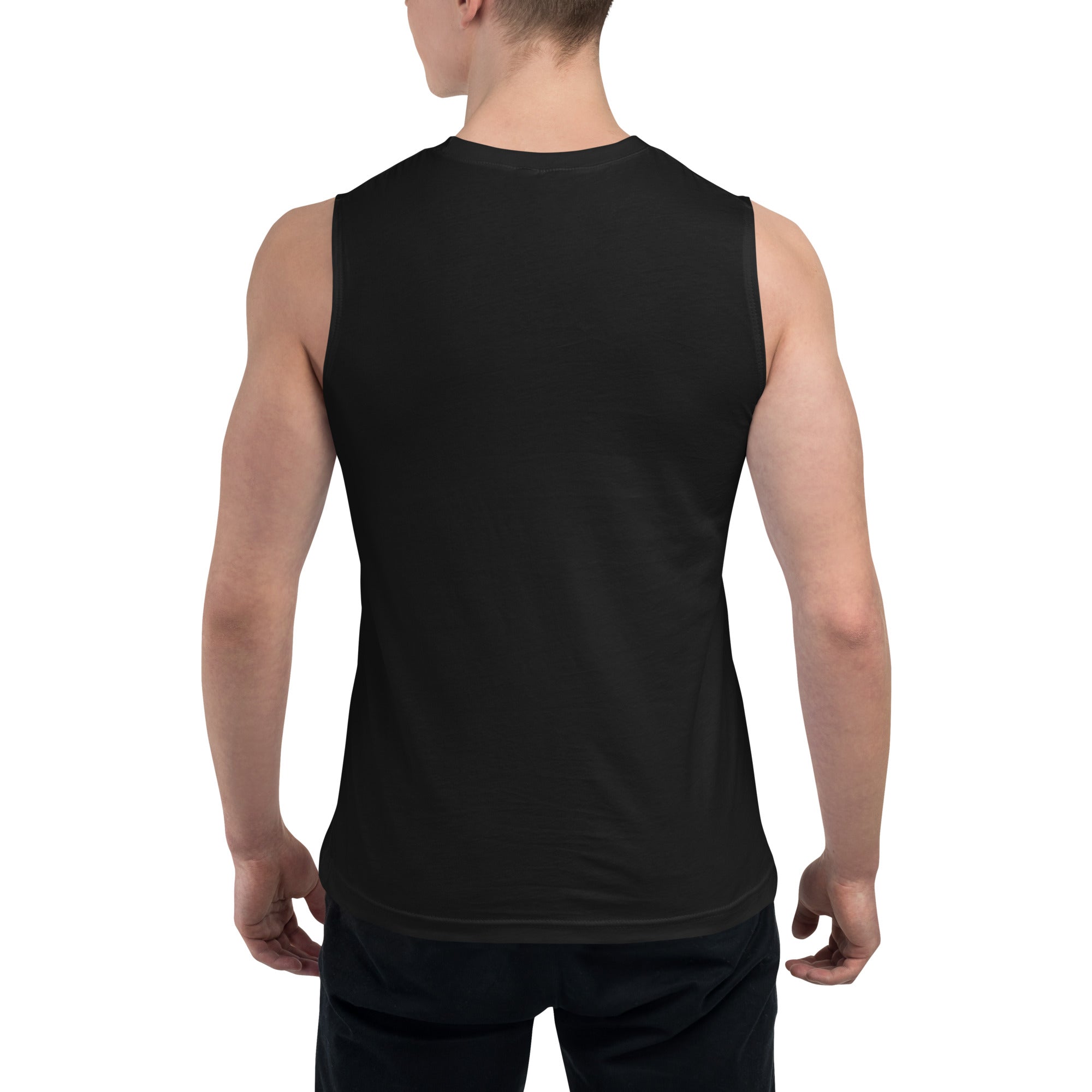 Back of Man wearing a black sleeveless muscle shirt on a white background at Oatmeal Apparel Co., Sports Edition Design.