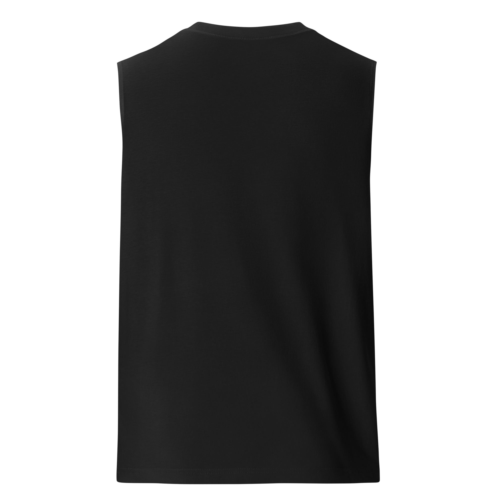 Back of Ghost mockup Black sleeveless muscle top on a white background at Oatmeal Apparel Co., Sports Edition Design.