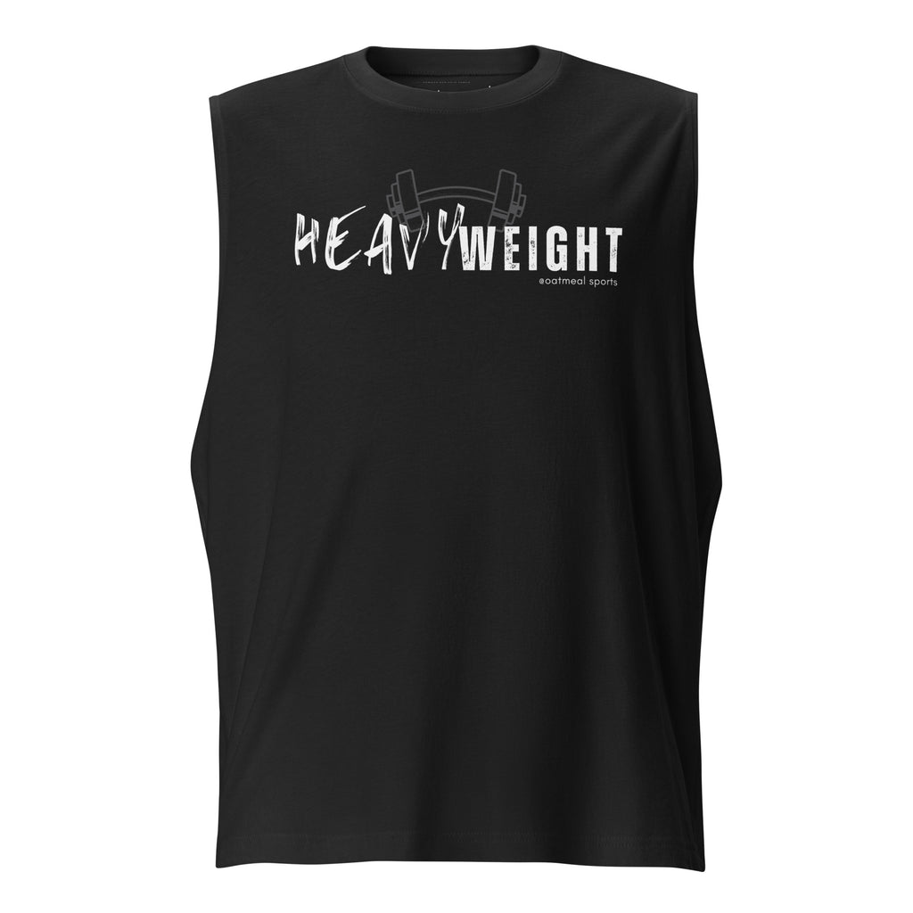 Black sleeveless muscle shirt with 'HEAVY WEIGHT' text on a white background at Oatmeal Apparel Co., Sports Edition Design.