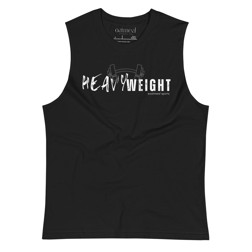 Black sleeveless muscle shirt with 'HEAVY WEIGHT' text and dumbbell graphic on a white background at Oatmeal Apparel Co., Sports Edition Design.