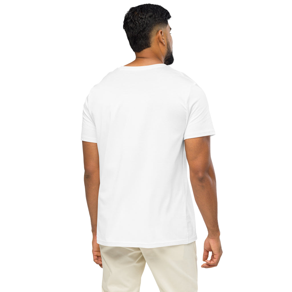 Man wearing a white t-shirt and beige pants on a white background at Oatmeal Apparel Co.