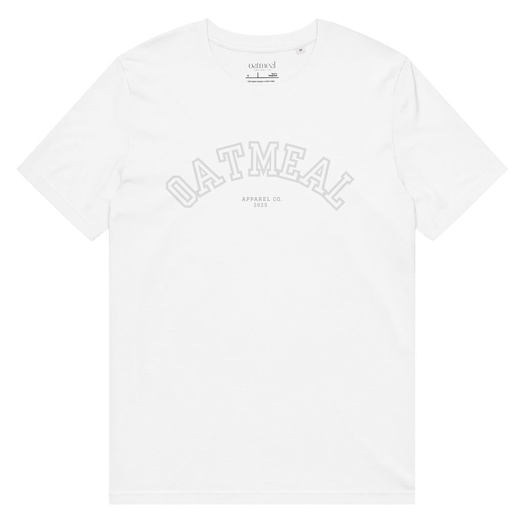 White t-shirt with 'OATMEAL' branding at Oatmeal Apparel Co.