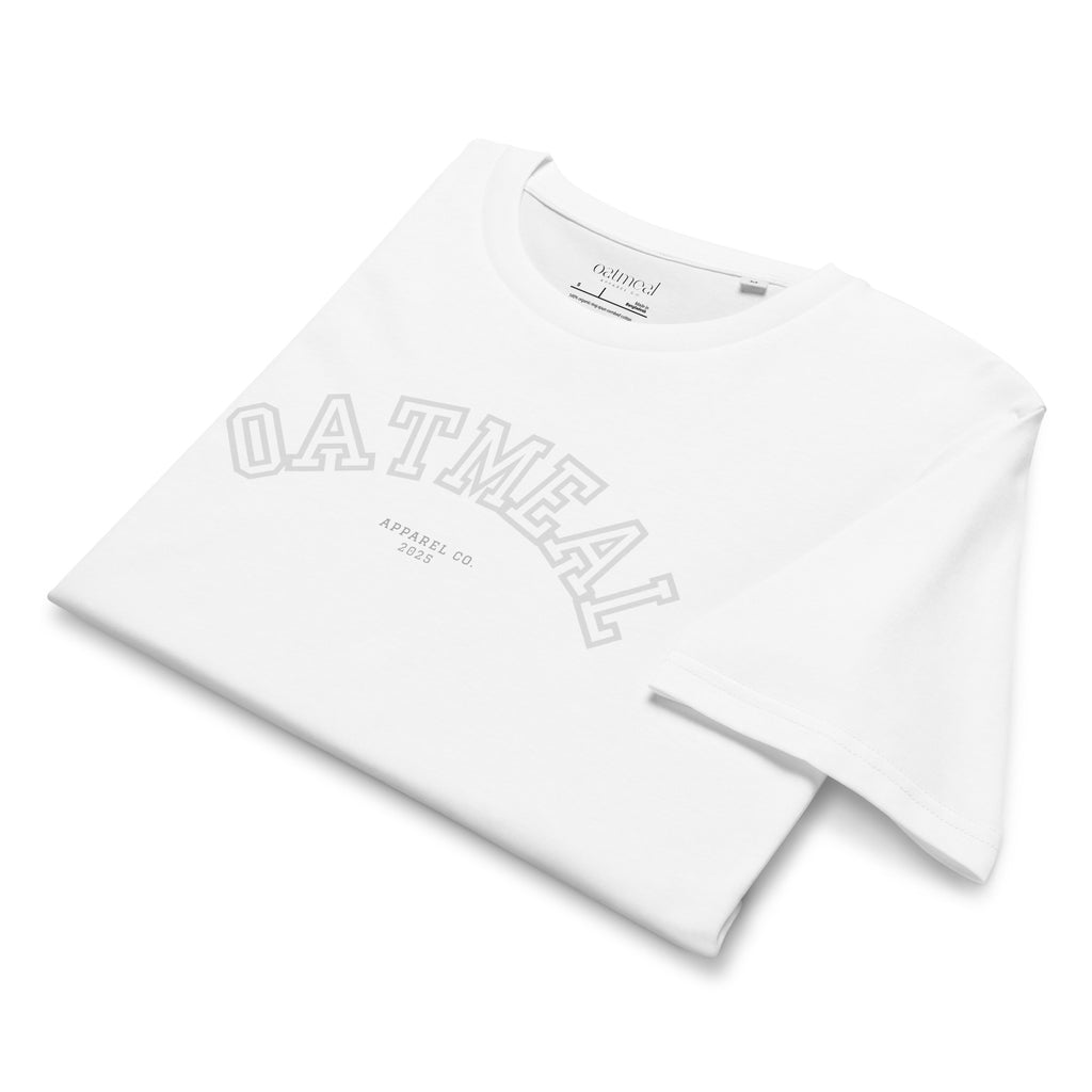 Folded White t-shirt with 'OATMEAL' branding on a white background at Oatmeal Apparel Co., sports inspired edition.