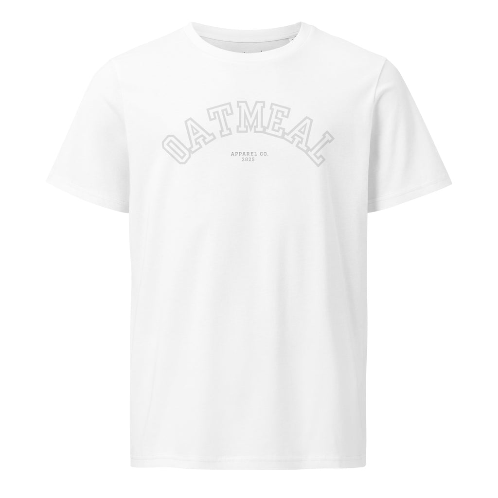 Ghost Mockup of White t-shirt with 'OATMEAL' logo on a white background.