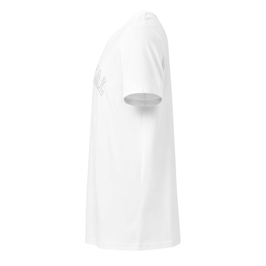 Other Side view of White t-shirt with 'oatmeal sports' logo on a white background at Oatmeal Apparel Co.