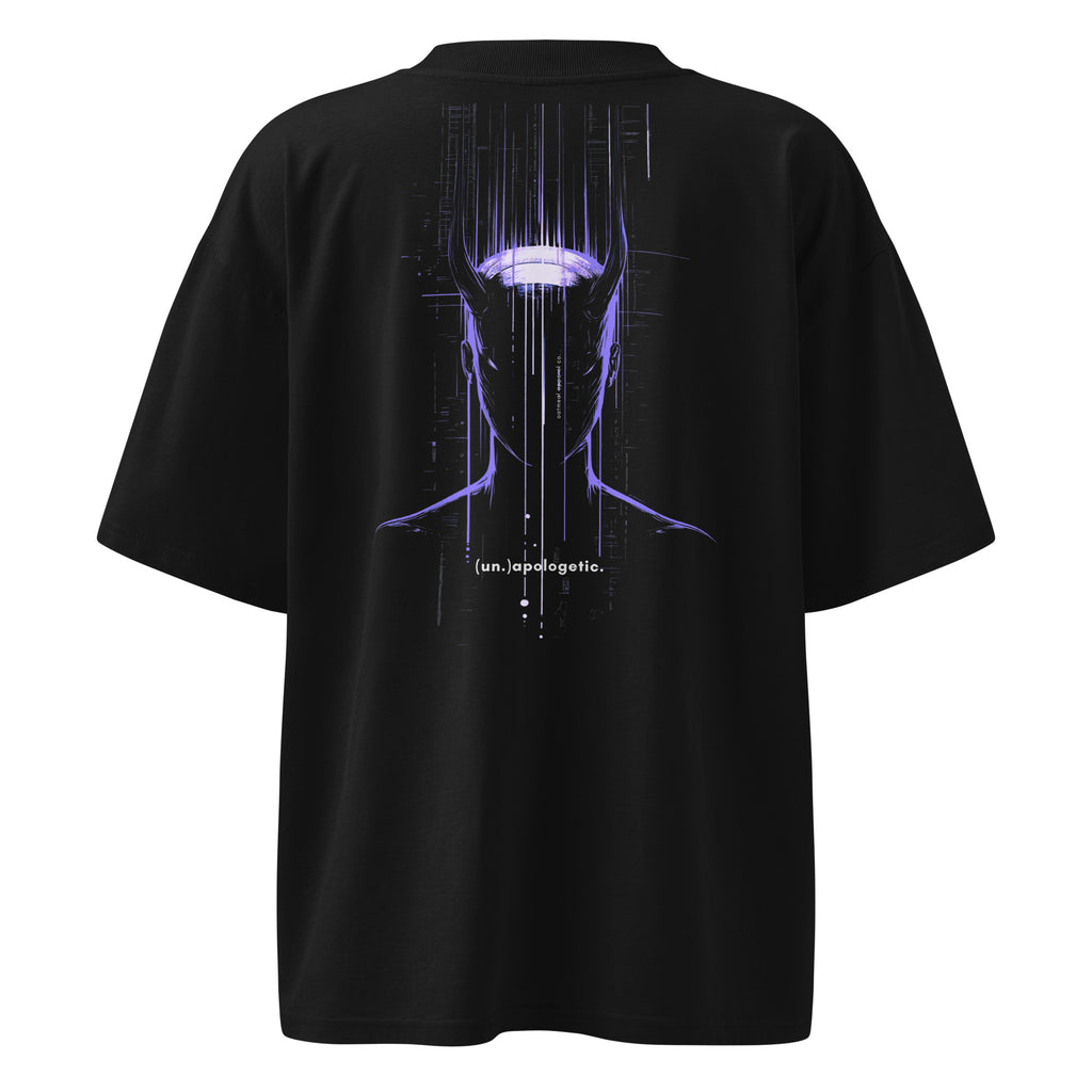 Black t-shirt with a futuristic design on the back against a white background at Oatmeal Apparel Co.