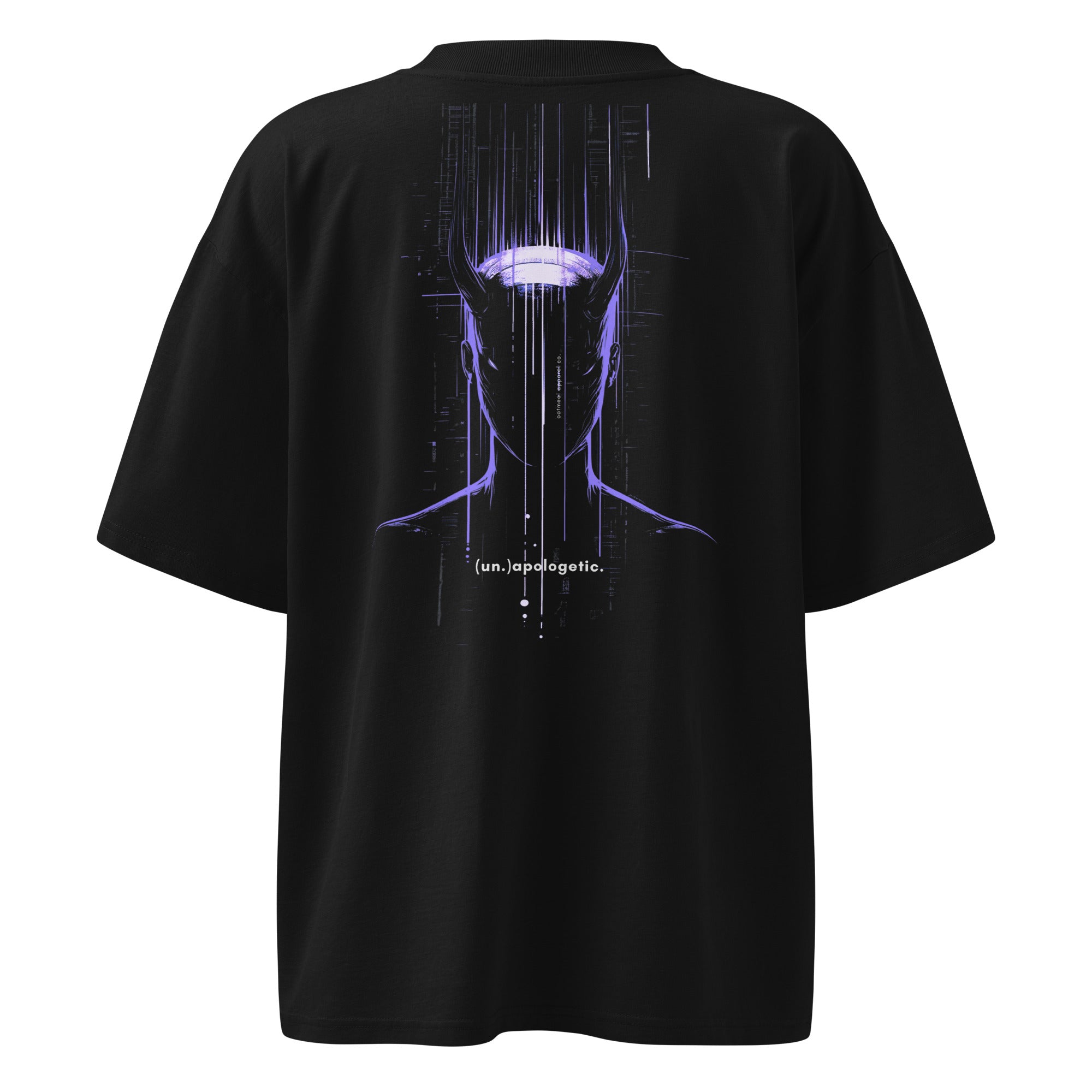 Black t-shirt with a futuristic design on the back against a white background at Oatmeal Apparel Co.