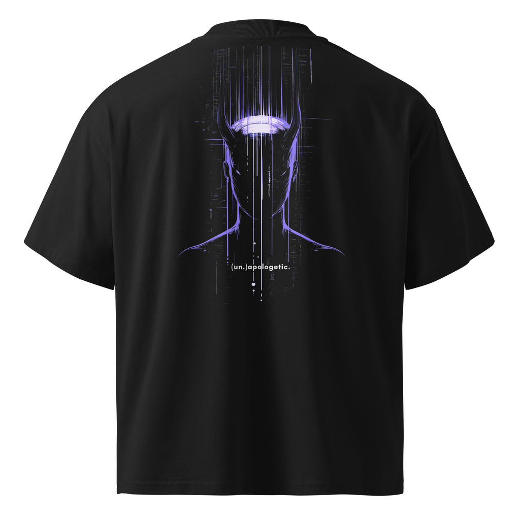 Black t-shirt with a futuristic design on the back against a white background at Oatmeal Apparel Co.