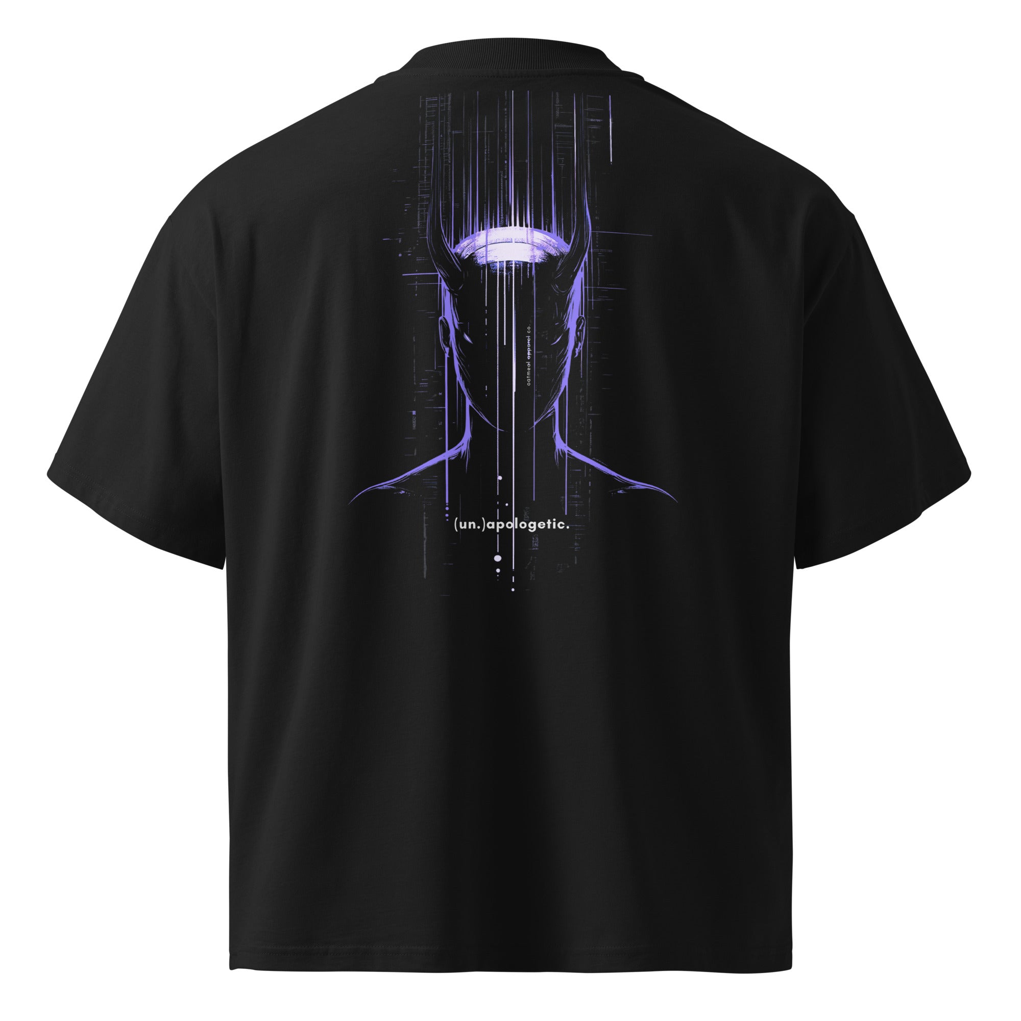 Black t-shirt with a futuristic design on the back against a white background at Oatmeal Apparel Co.