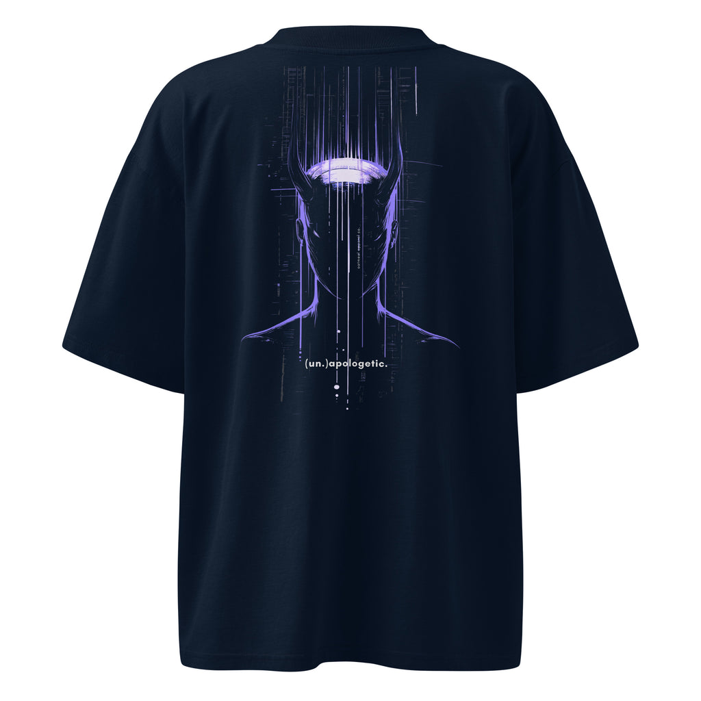 Black t-shirt with a futuristic design on the back against a white background at Oatmeal Apparel Co.