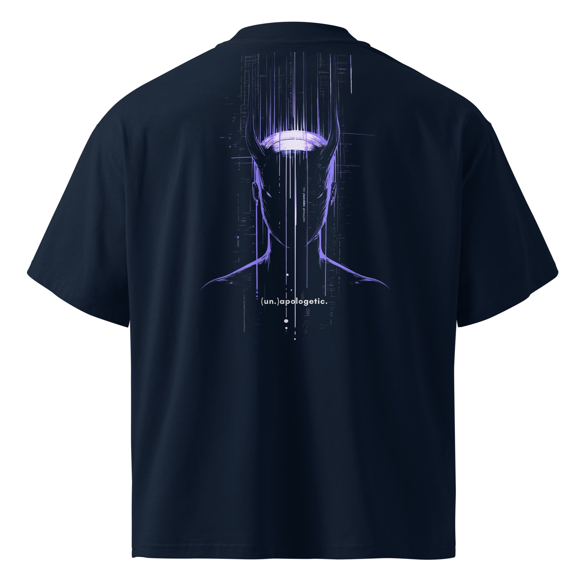 Blue t-shirt with a futuristic design on the back against a white background at Oatmeal Apparel Co.