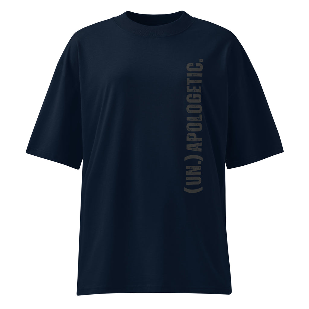 Blue t-shirt with vertical 'unapologetic' text on a white background at Oatmeal Apparel Co.
