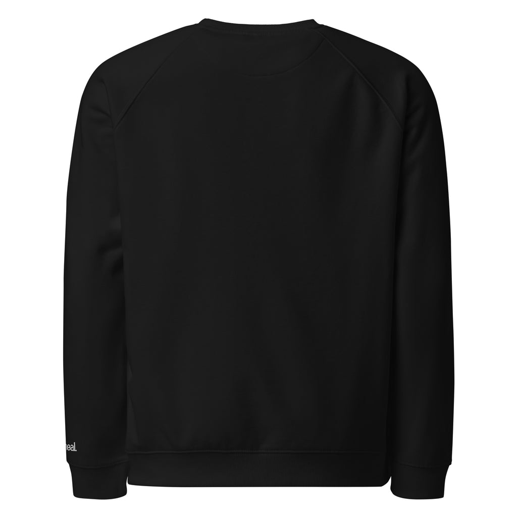 Back of Black sweatshirt with embroidered 'oatmeal' on a white background at Oatmeal Apparel Co.