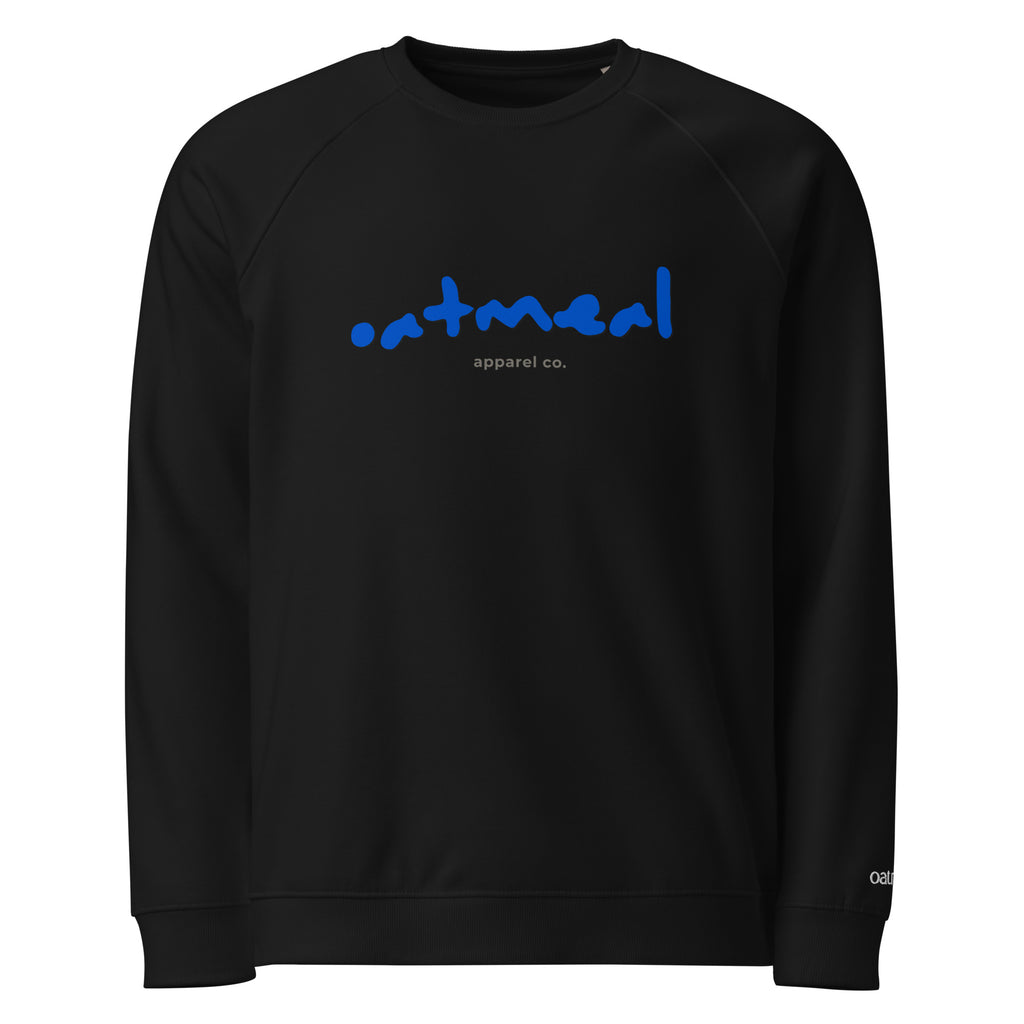 Black sweatshirt with blue 'oatmeal apparel co.' on a white background