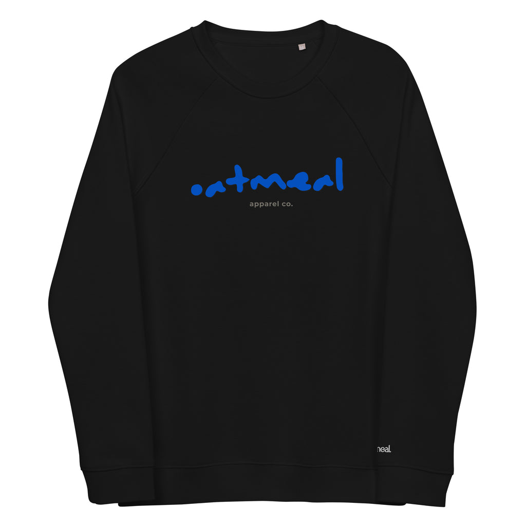 Black sweatshirt with blue 'oatmeal' logo on a white background at Oatmeal Apparel Co.