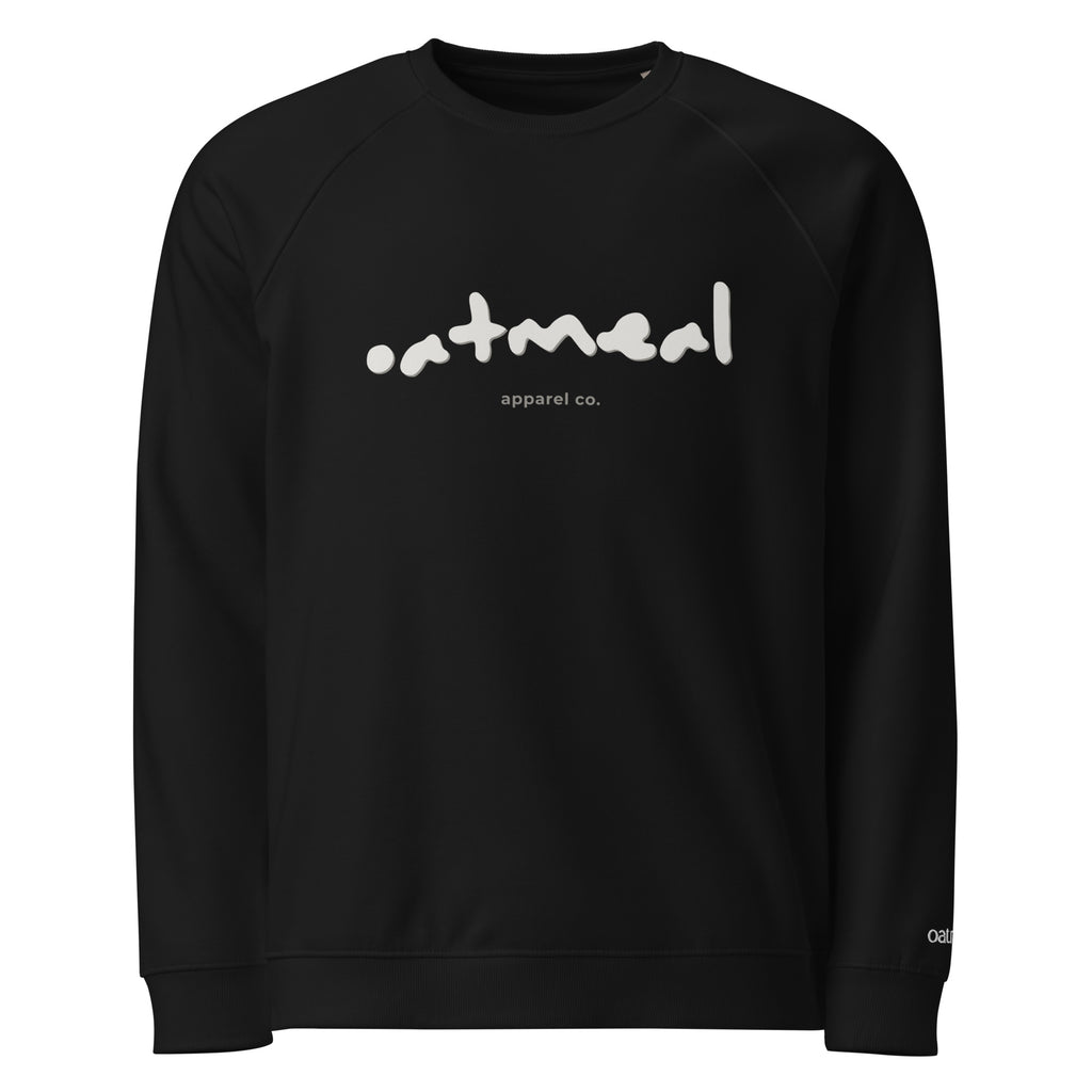 Black sweatshirt with 'oatmeal apparel co.' text on a white background