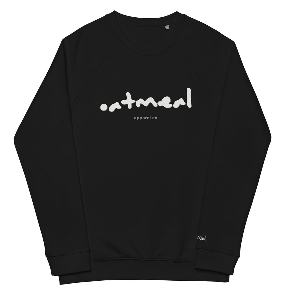 Black sweatshirt with 'oatmeal apparel co.' text on a white background