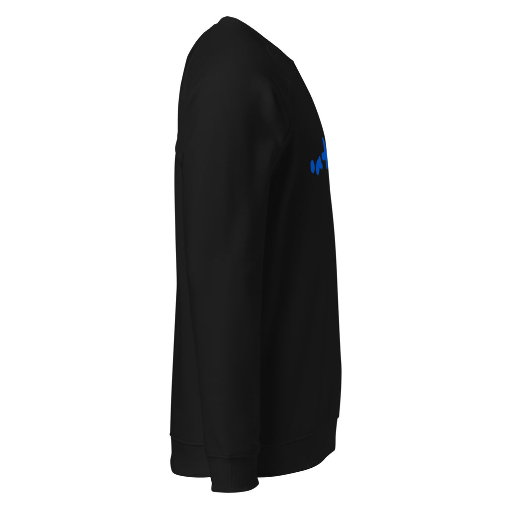 Side of Black sweatshirt with a blue 'oatmeal' logo on front against a white background at Oatmeal Apparel Co.