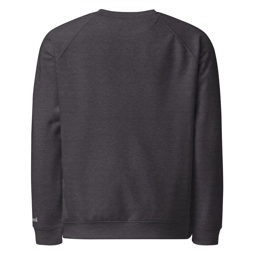 Back of dark gray sweatshirt with embroidered 'oatmeal' on a white background at Oatmeal Apparel Co.