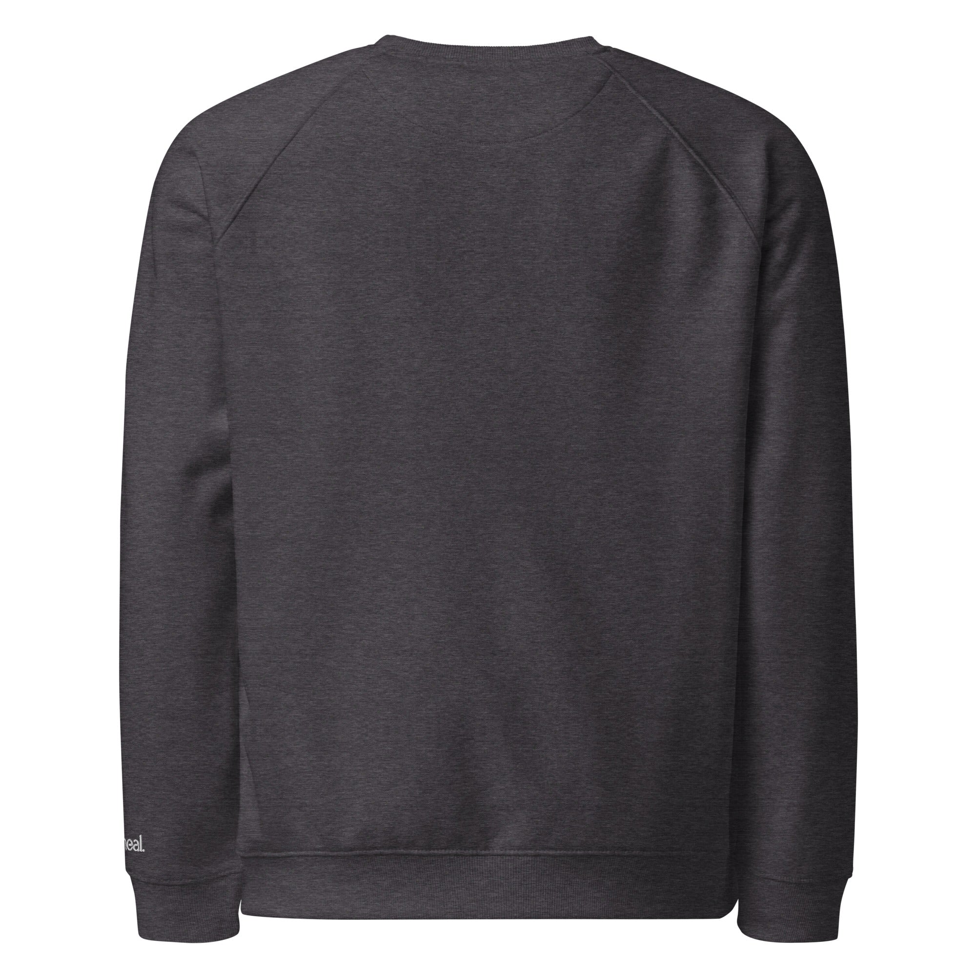 Back of dark gray sweatshirt with embroidered 'oatmeal' on a white background at Oatmeal Apparel Co.