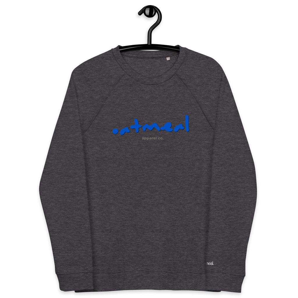 Dark Gray sweatshirt with blue 'oatmeal' branding on front and embroidered 'oatmeal' logo on the sleeve, on a hanger against a white background at Oatmeal Apparel Co.