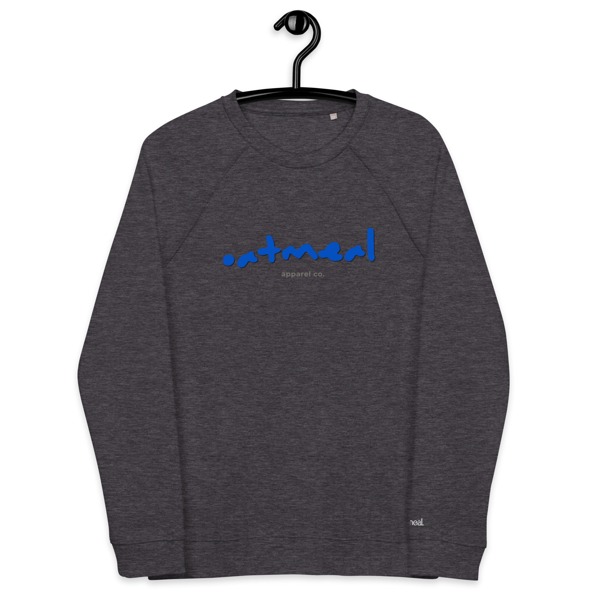 Dark Gray sweatshirt with blue 'oatmeal' branding on front and embroidered 'oatmeal' logo on the sleeve, on a hanger against a white background at Oatmeal Apparel Co.