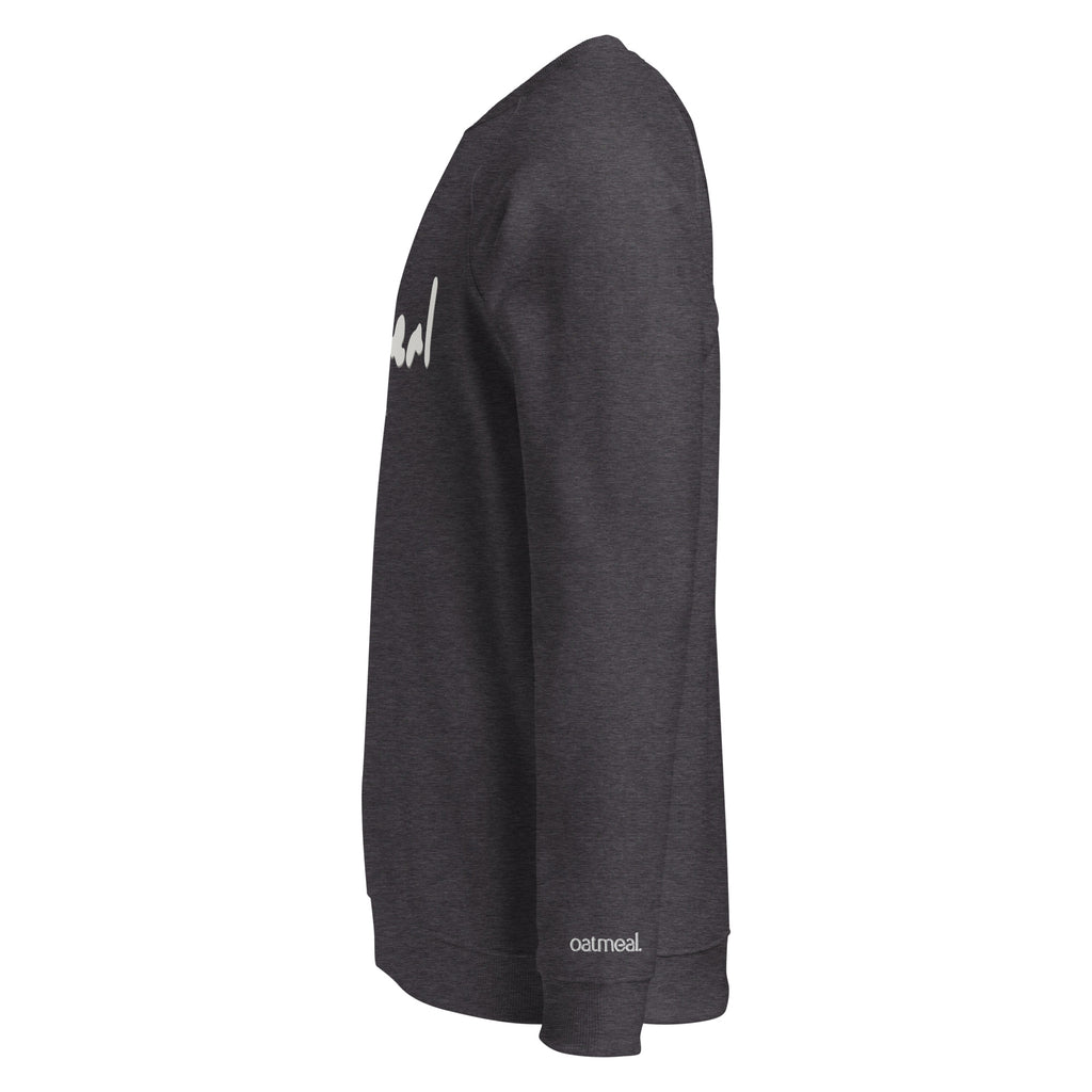 Dark gray sweatshirt with white branding on a white background at Oatmeal Apparel Co.