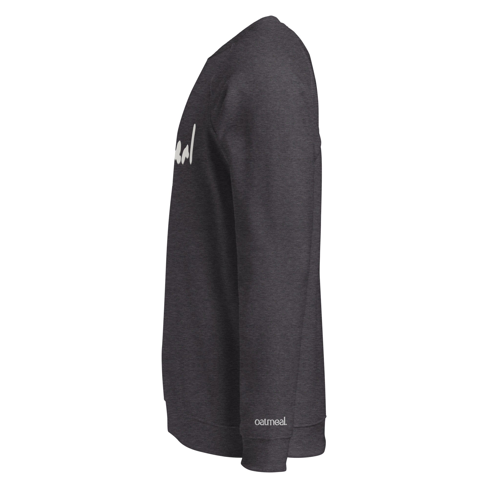 Dark gray sweatshirt with white branding on a white background at Oatmeal Apparel Co.