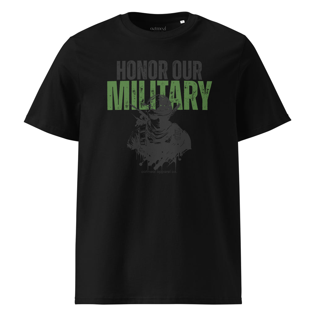 Black t-shirt with 'Honor Our Military' text and graphic on a white background at Oatmeal Apparel Co.